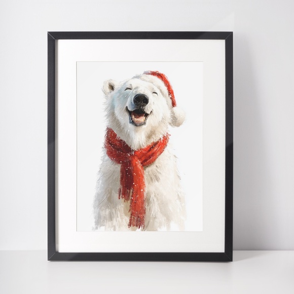 Watercolor Polar Bear with Red Scarf Portrait Wall Art Print Poster, Unframed - Picture 3 of 5